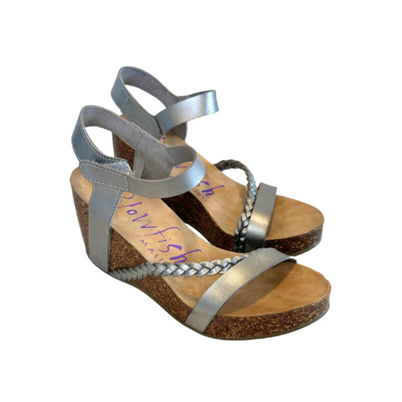 Blowfish Malibu Sandals Wedge Platform Faux Leather Silver Strappy Metallic 8.5 - Picture 2 of 10